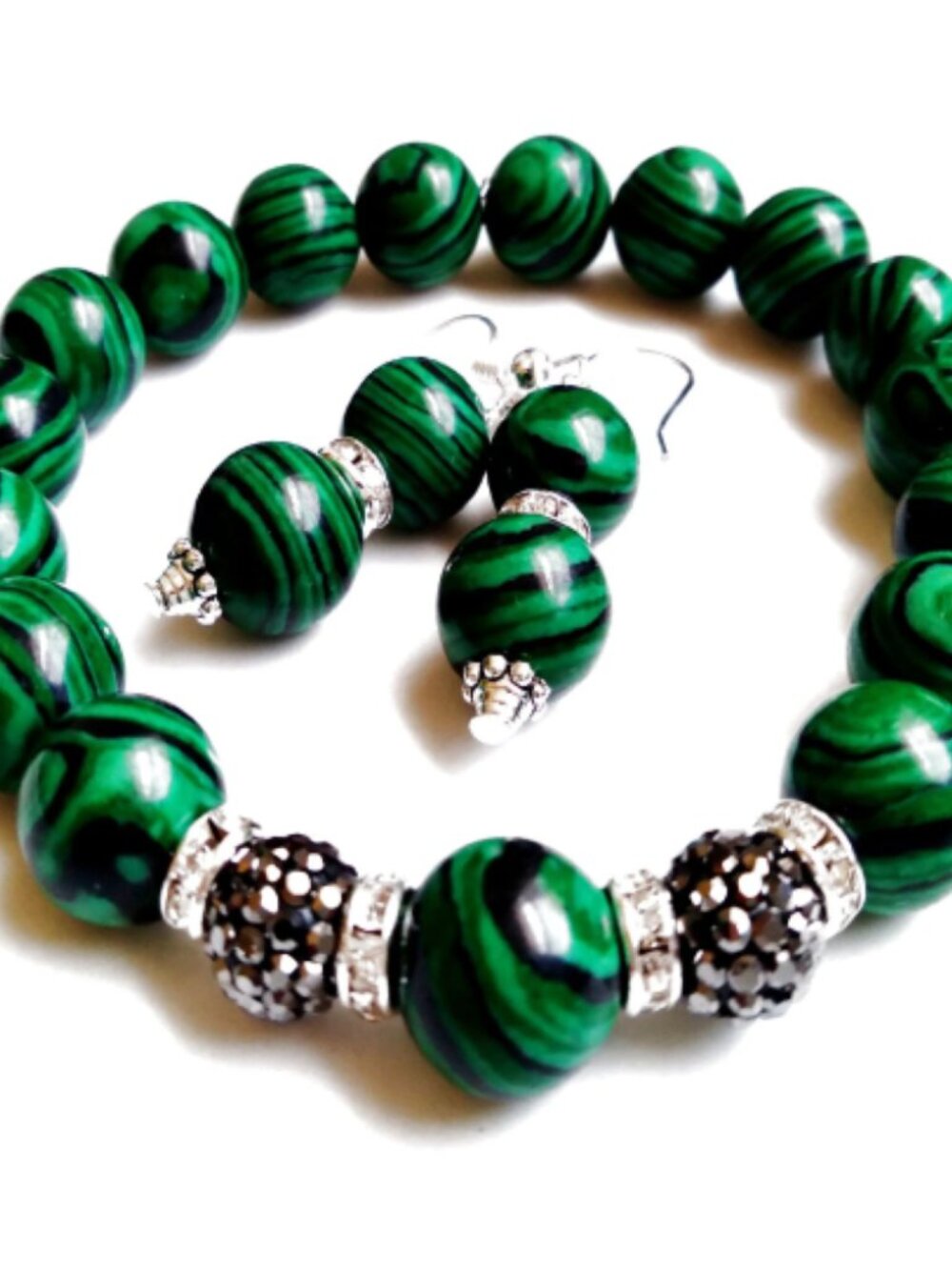 Handcrafted Malachite Stretch Bracelet & Matching Earrings